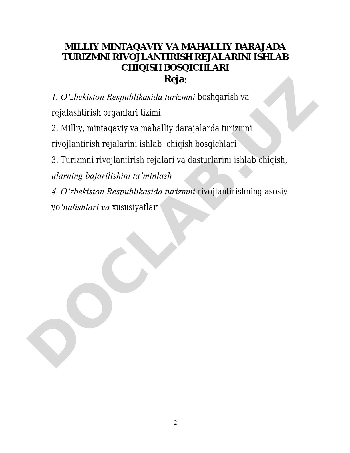 Turizmni rivojlantirish rejalari PDF