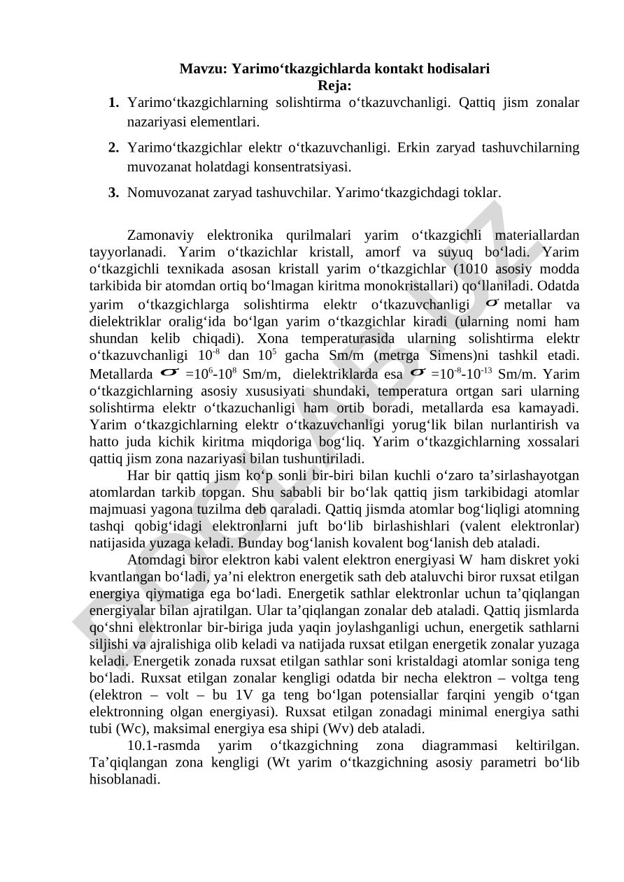 Yarimo‘tkazgichlarda kontakt hodisalari