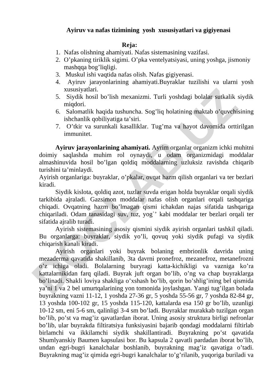 Ayiruv va nafas tizimining yosh xususiyatlari va gigiyenasi