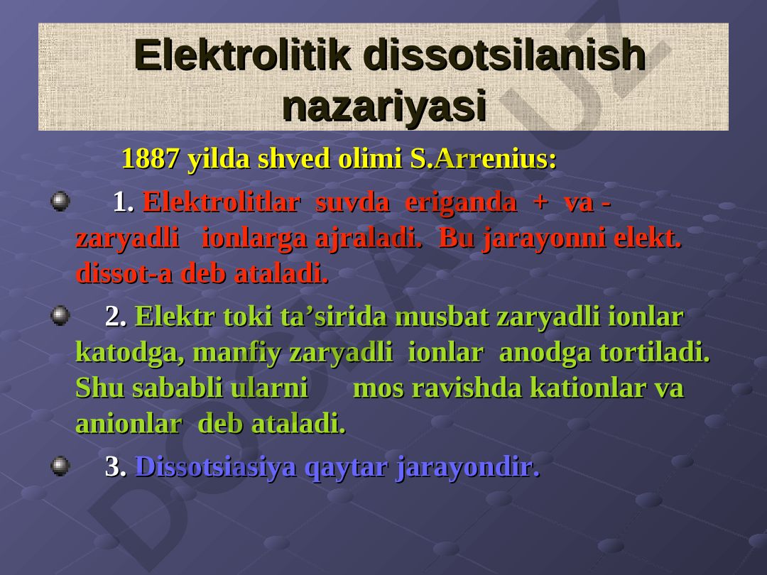 Elektrolitik dissotsilanish nazariyasi va biologik suyuqliklarda ionlar