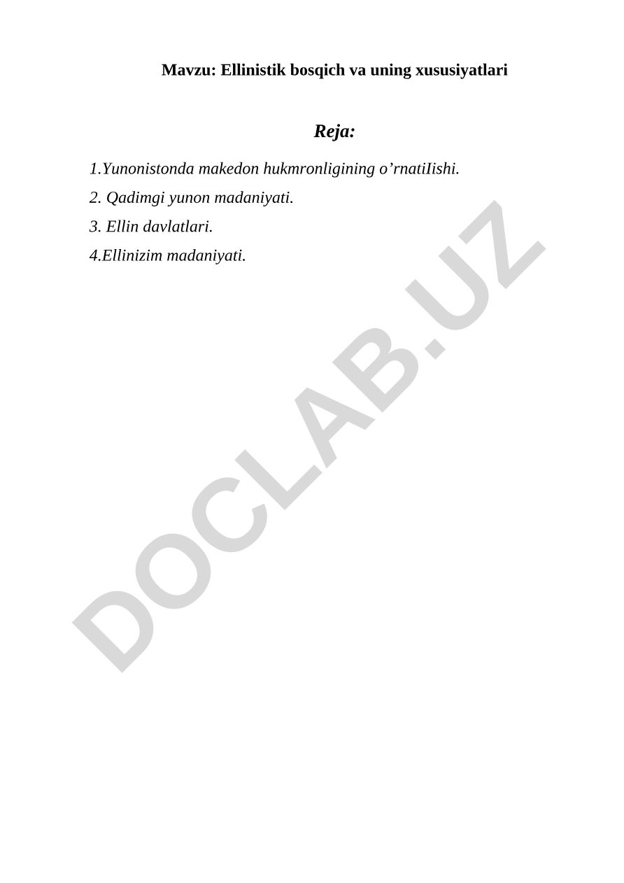 Ellinistik bosqich va uning xususiyatlari