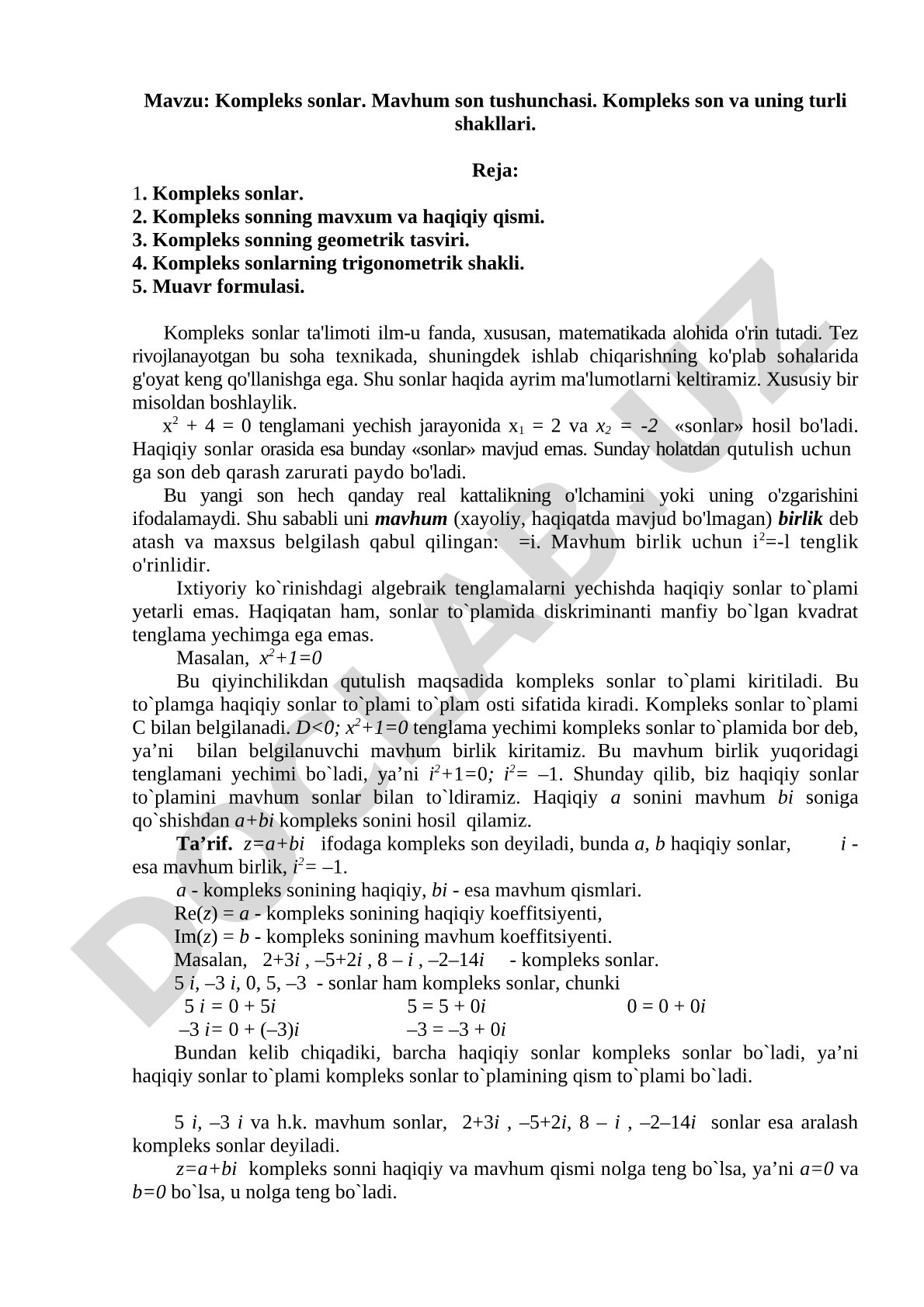 Kompleks sonlar dars ishlanmasi