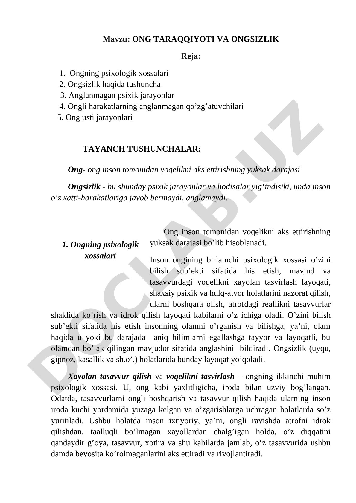 Ong taraqqiyoti va ongsizlik rejasi