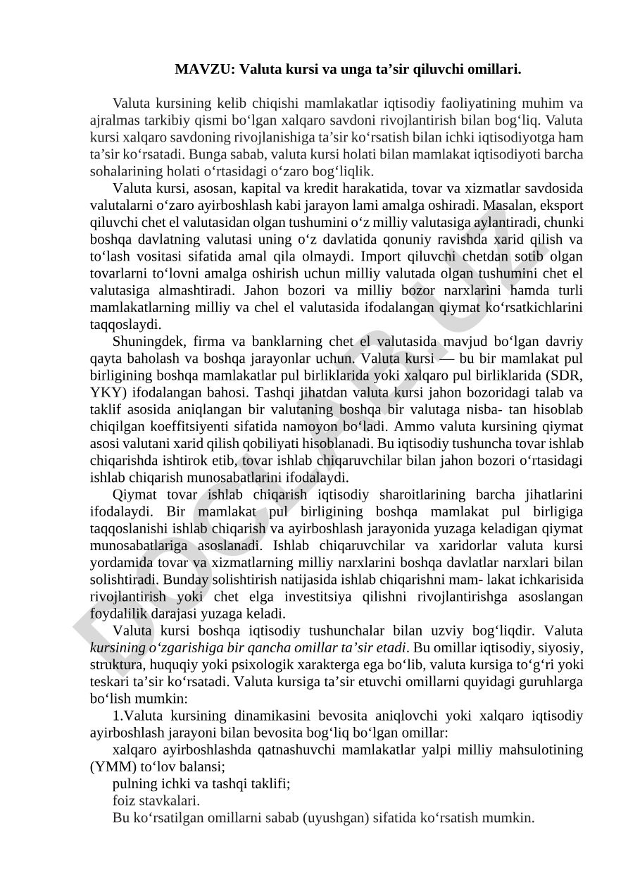 Valuta kursi va unga ta’sir qiluvchi omillari