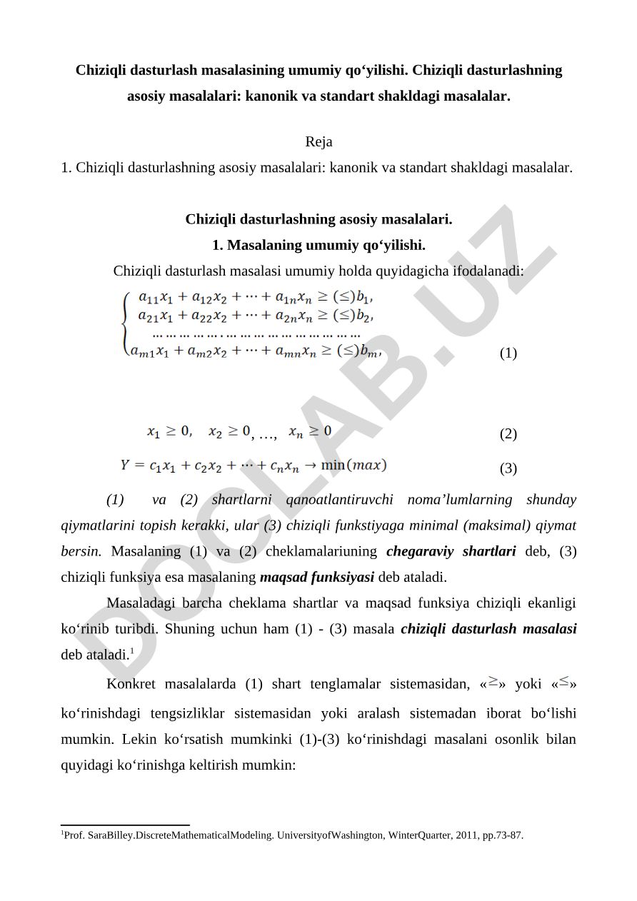 Chiziqli dasturlash masalasining umumiy qo'yilishi va asosiy shakllari