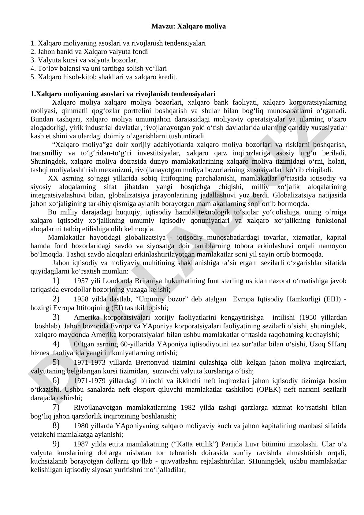 Xalqaro moliya kurs ishi