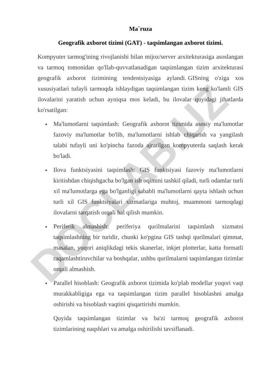 Geografik axborot tizimi (GAT) - taqsimlangan axborot tizimi