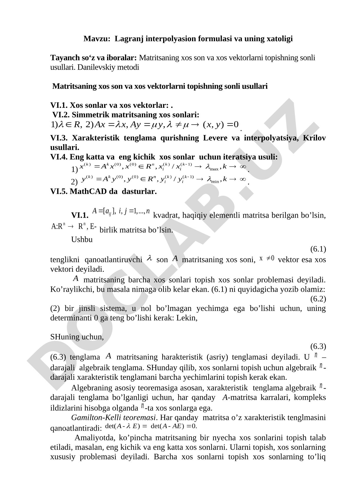 Lagranj interpolyatsiya formulasi va xatoligi
