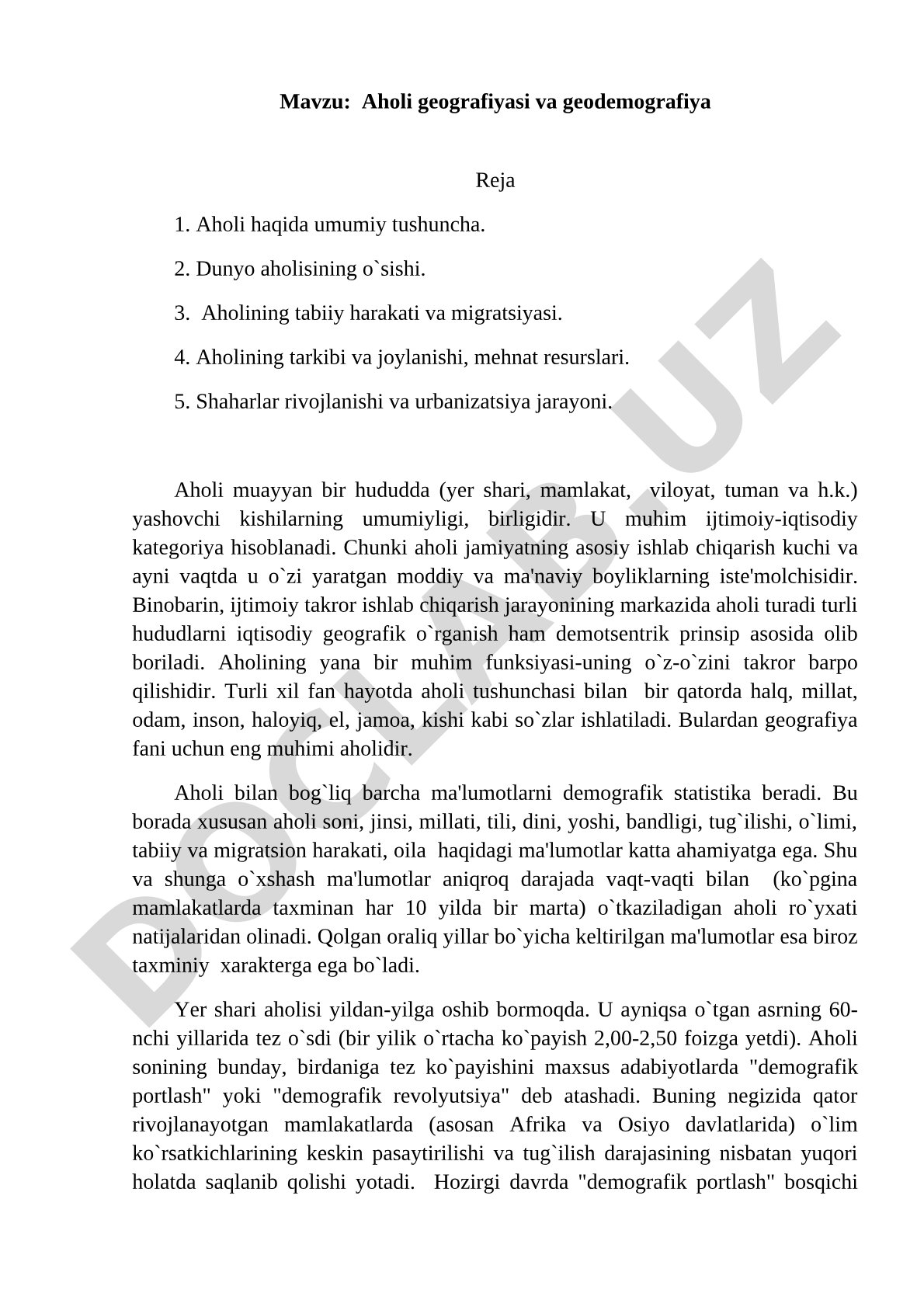Aholi geografiyasi kurs ishi