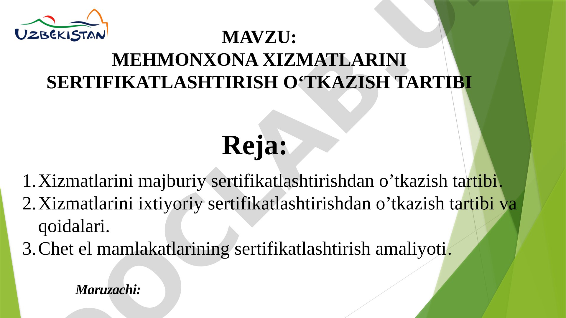 Mehmonxona xizmatlari sertifikatlash taqdimoti