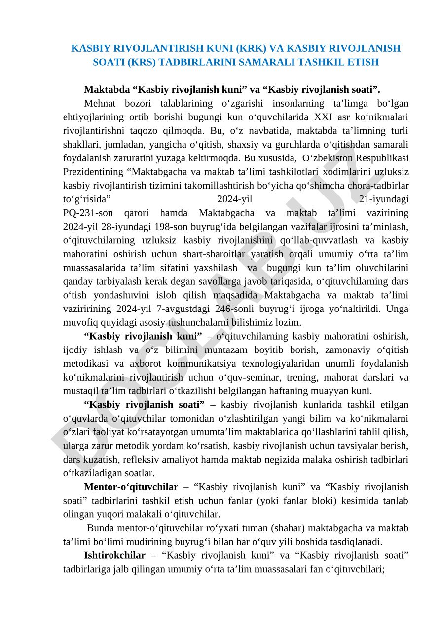 Kasbiy rivojlanish kuni va soati tadbirlarini samarali tashkil etish