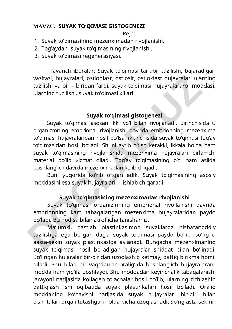 SUYAK TO‘QIMASI GISTOGENEZI
