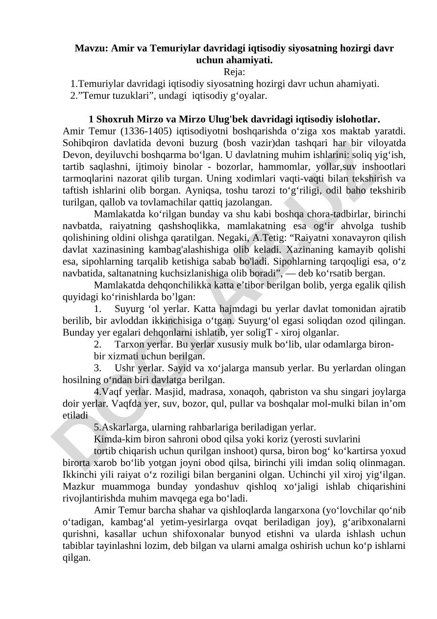Amir va Temuriylar davridagi iqtisodiy siyosatning hozirgi davr uchun ahamiyati