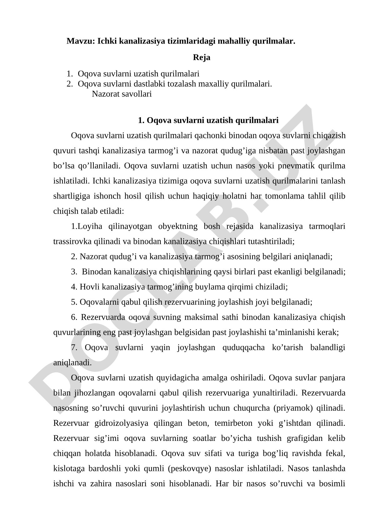 Ichki kanalizasiya tizimlaridagi mahalliy qurilmalar