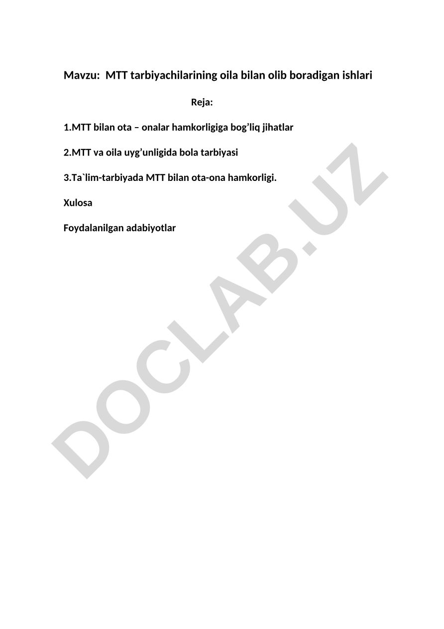 MTT tarbiyachilarining oila bilan olib boradigan ishlari