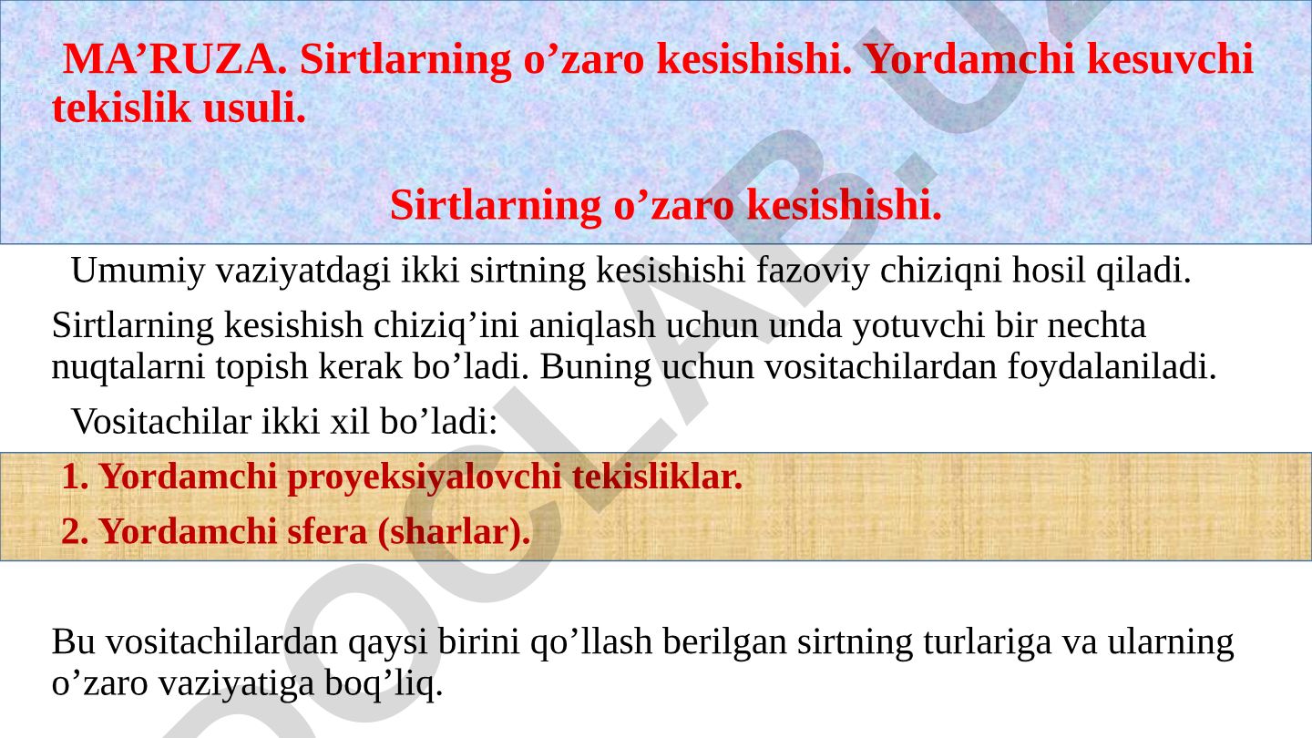 Sirtlarning o'zaro kesishishi va yordamchi kesuvchi tekislik usuli