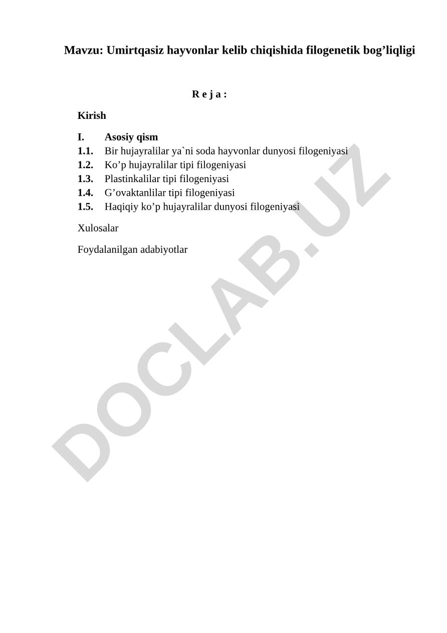 Umirtqasiz hayvonlar kelib chiqishida filogenetik bog’liqligi