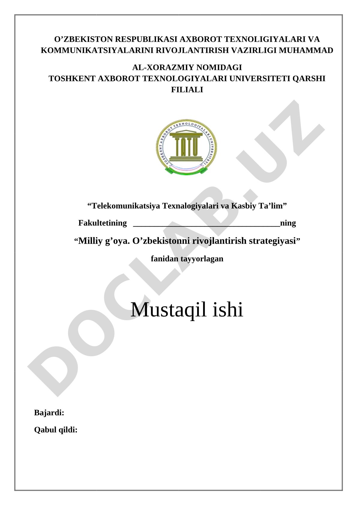 Milliy g'oya targ'iboti mustaqil ishi