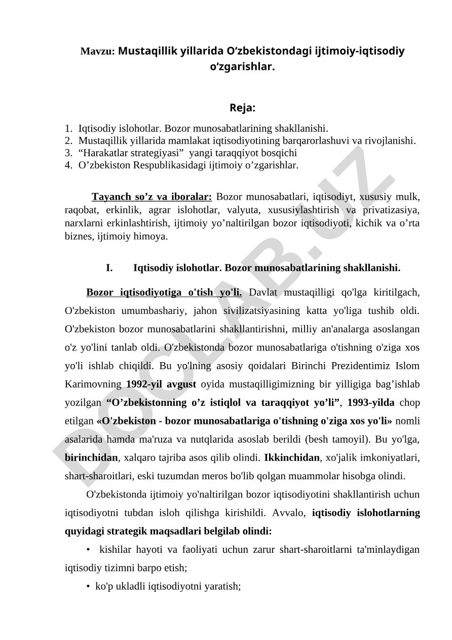 Mustaqillik yillarida O‘zbekistondagi ijtimoiy-iqtisodiy o‘zgarishlar