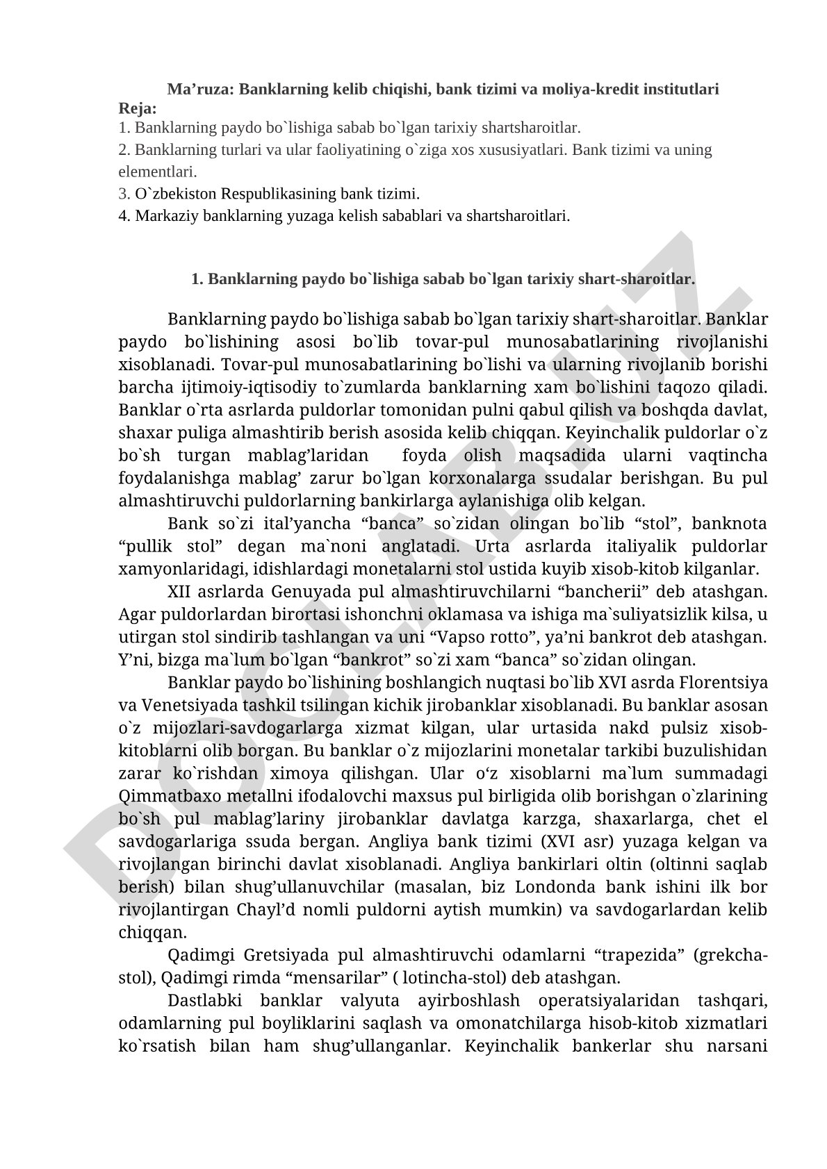 Banklarning kelib chiqishi, bank tizimi va moliya-kredit institutlari