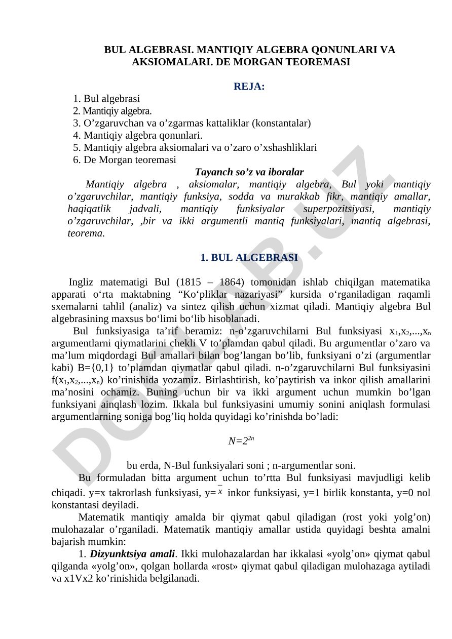 Bul algebrasi va mantiqiy algebra qonunlari