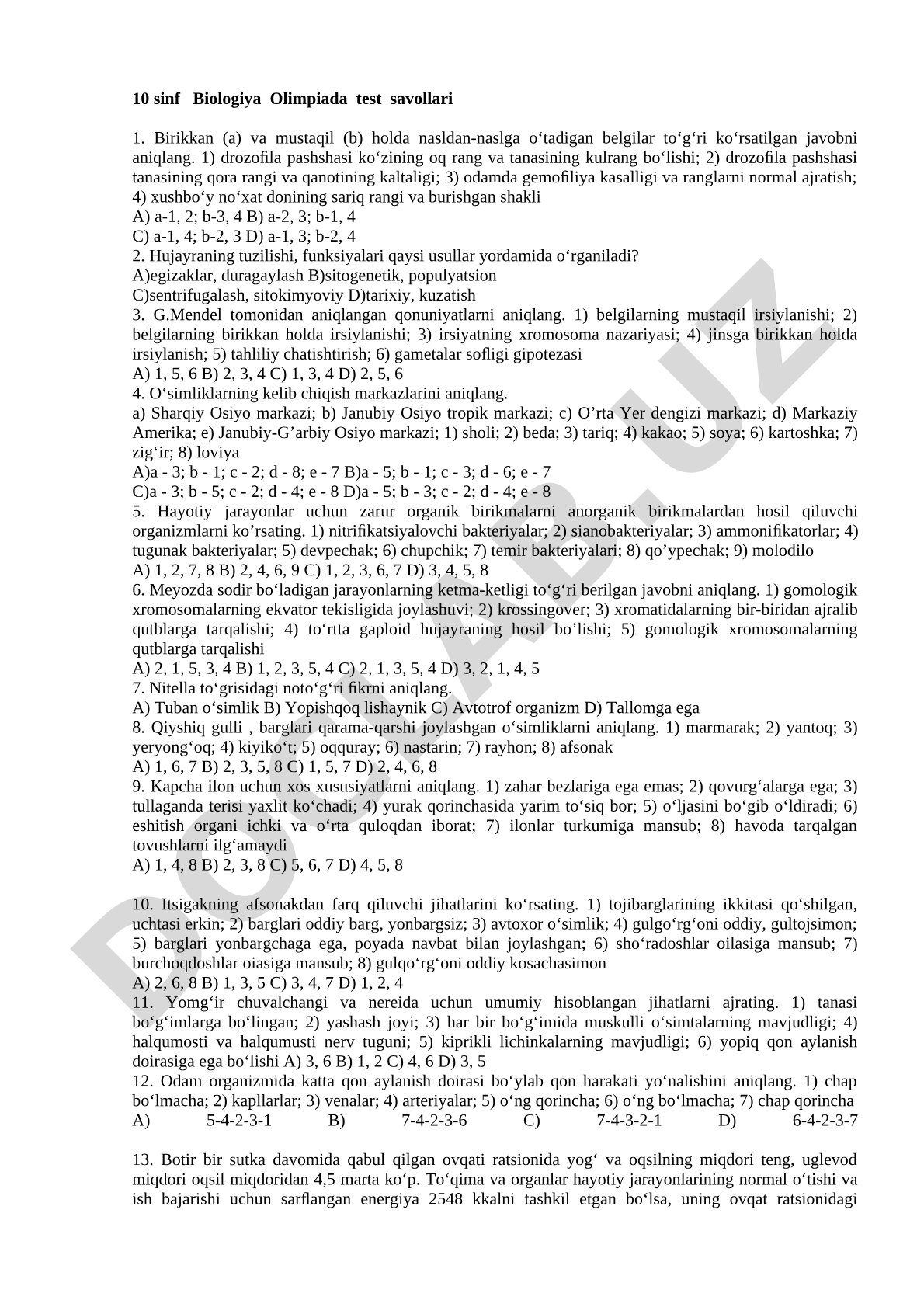 Biologiya olimpiada test savollari