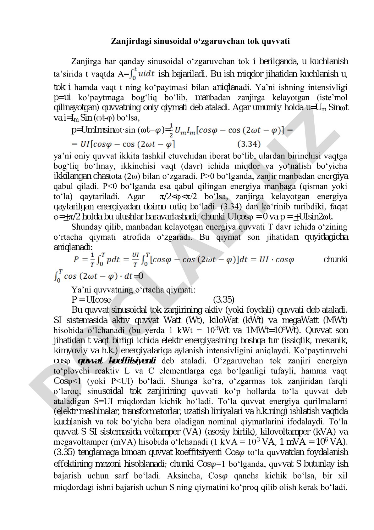 Sinusoidal tok quvvatini tahlil qiluvchi PDF