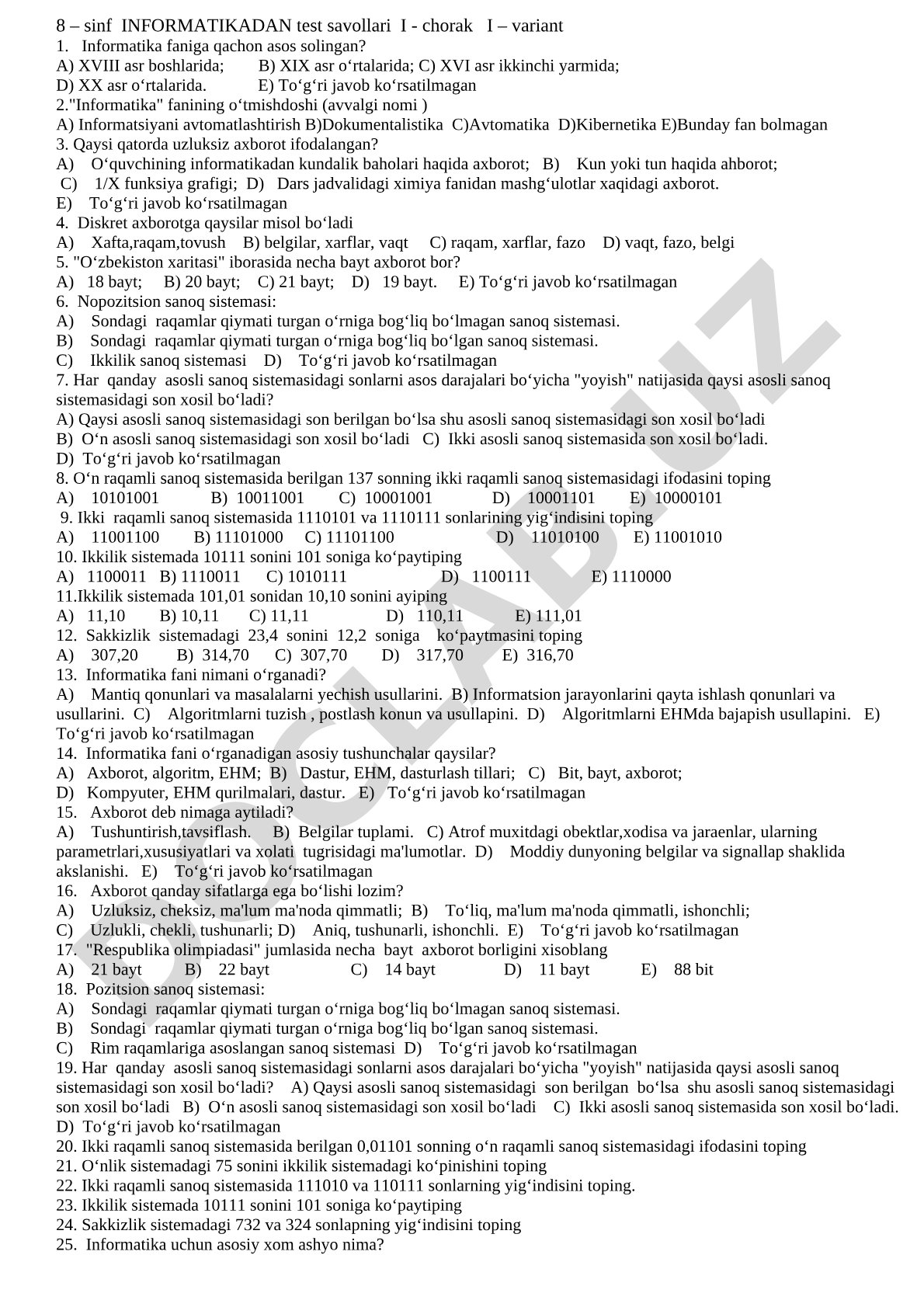 8-sinf informatika test savollari I-chorak I-variant