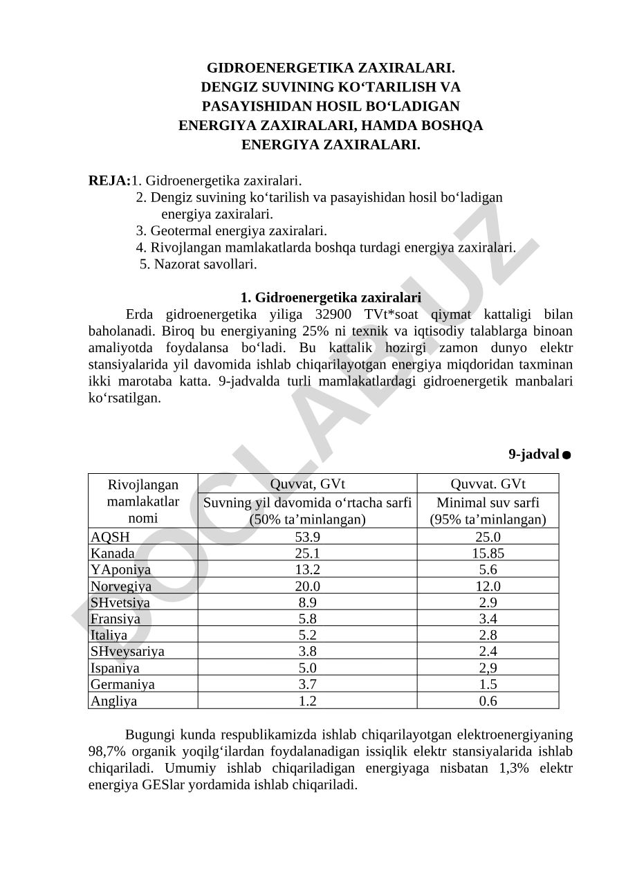 Gidroenergetika va boshqa energiya zaxiralari