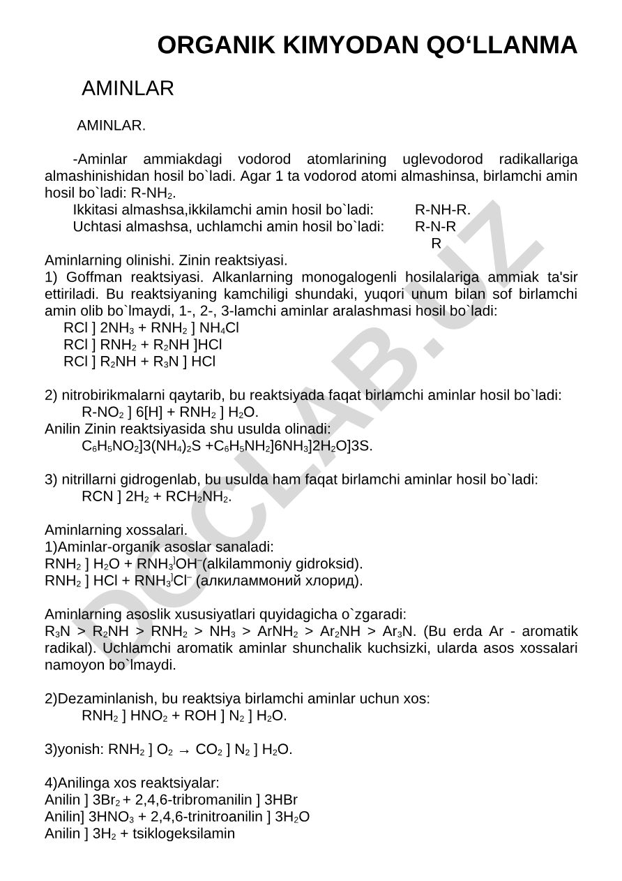 Aminlar: hosil bo'lishi, olinishi va xossalari