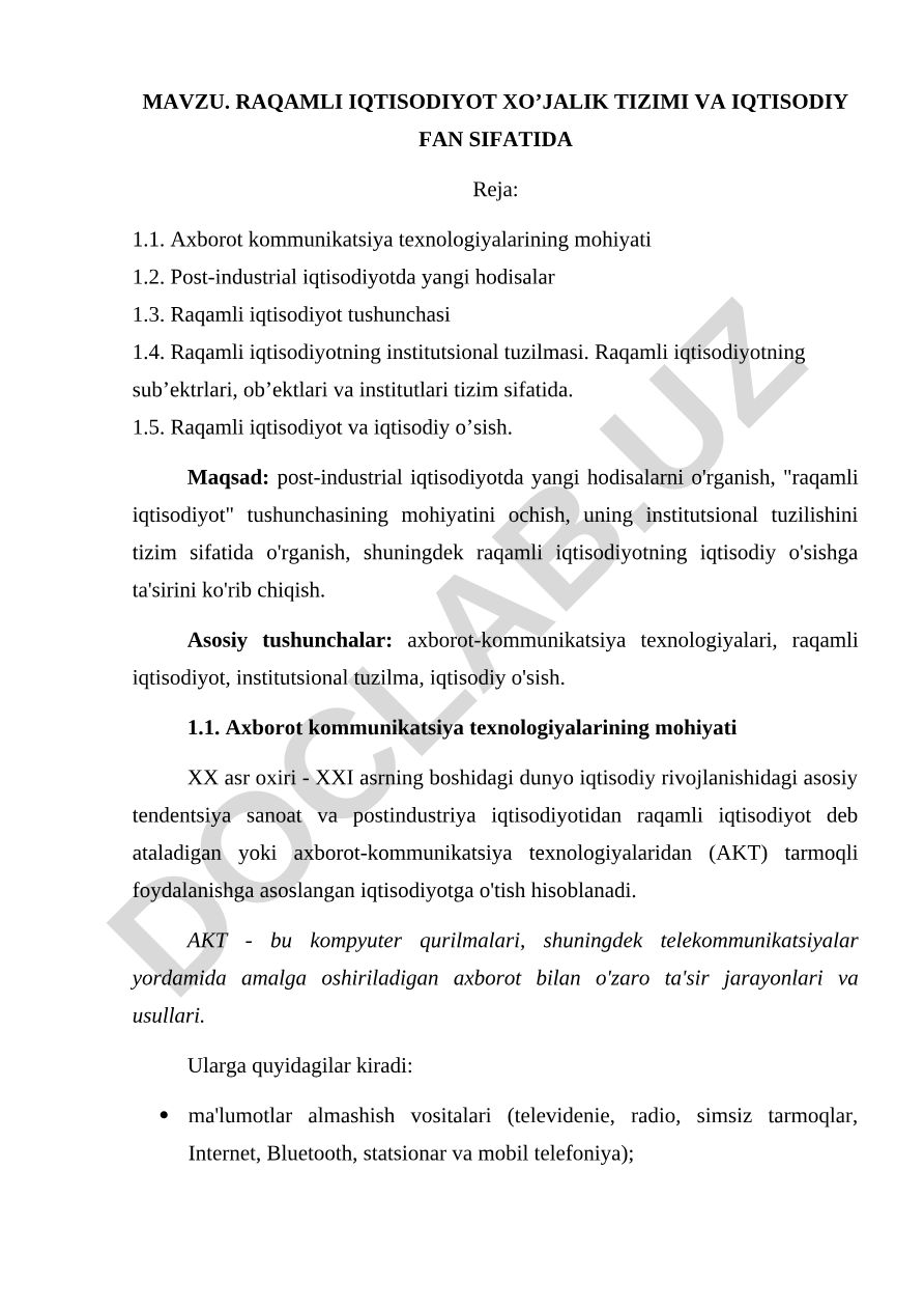 Raqamli iqtisodiyot xo'jalik tizimi va iqtisodiy fan sifatida