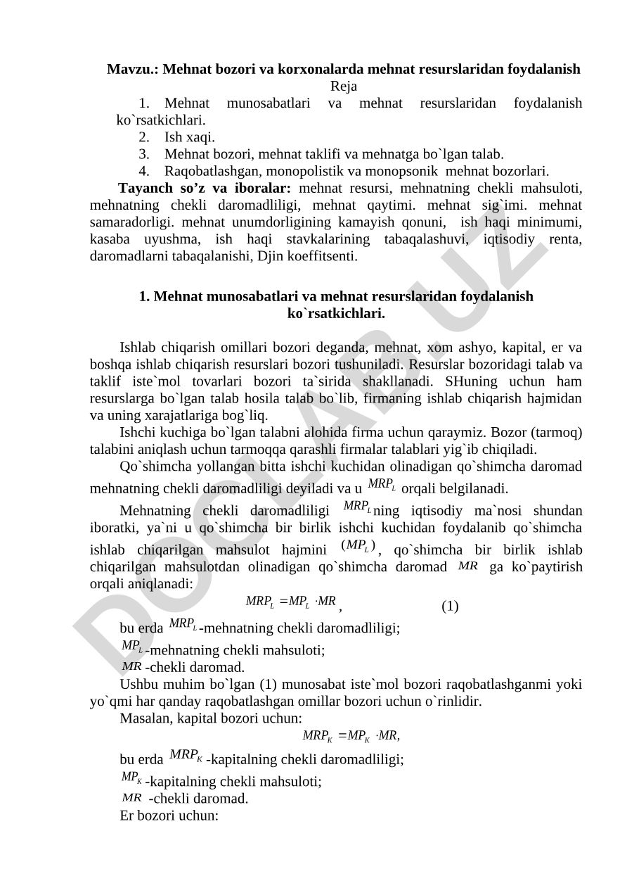 Mehnat bozori va korxonalarda mehnat resurslaridan foydalanish