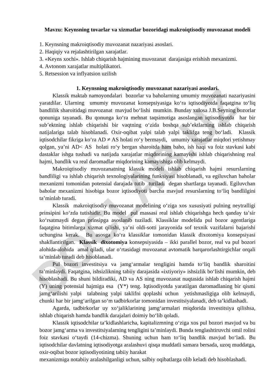 Keynsning tovarlar va xizmatlar bozoridagi makroiqtisodiy muvozanat modeli
