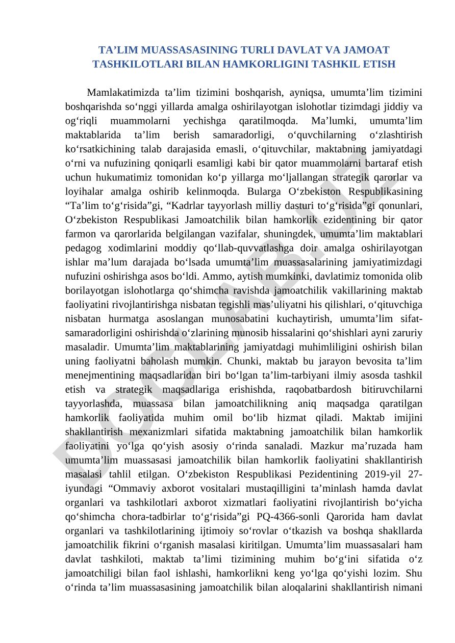 Ta’lim muassasalarining davlat va jamoatchilik tashkilotlari bilan hamkorligini tashkil etish
