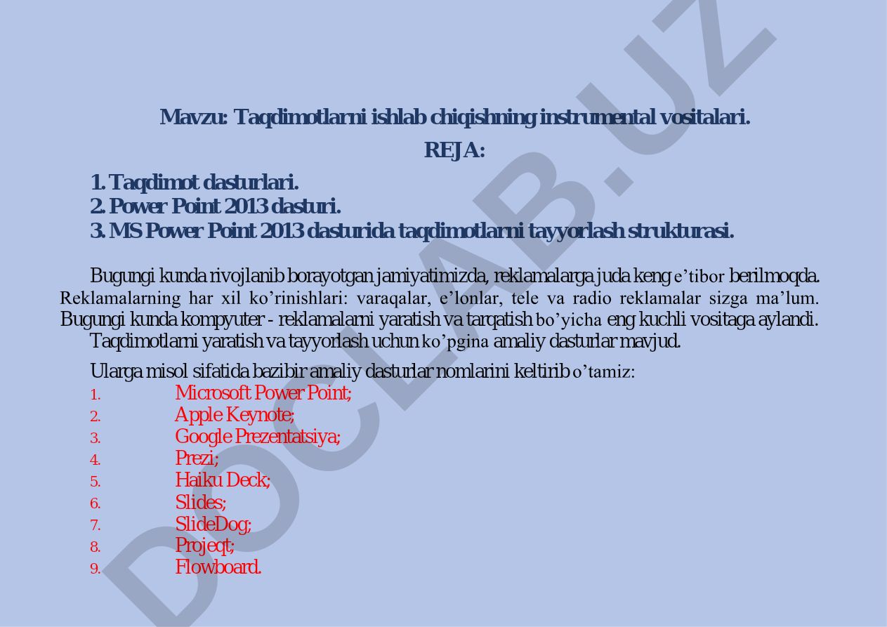 Taqdimotlarni ishlab chiqishning instrumental vositalari