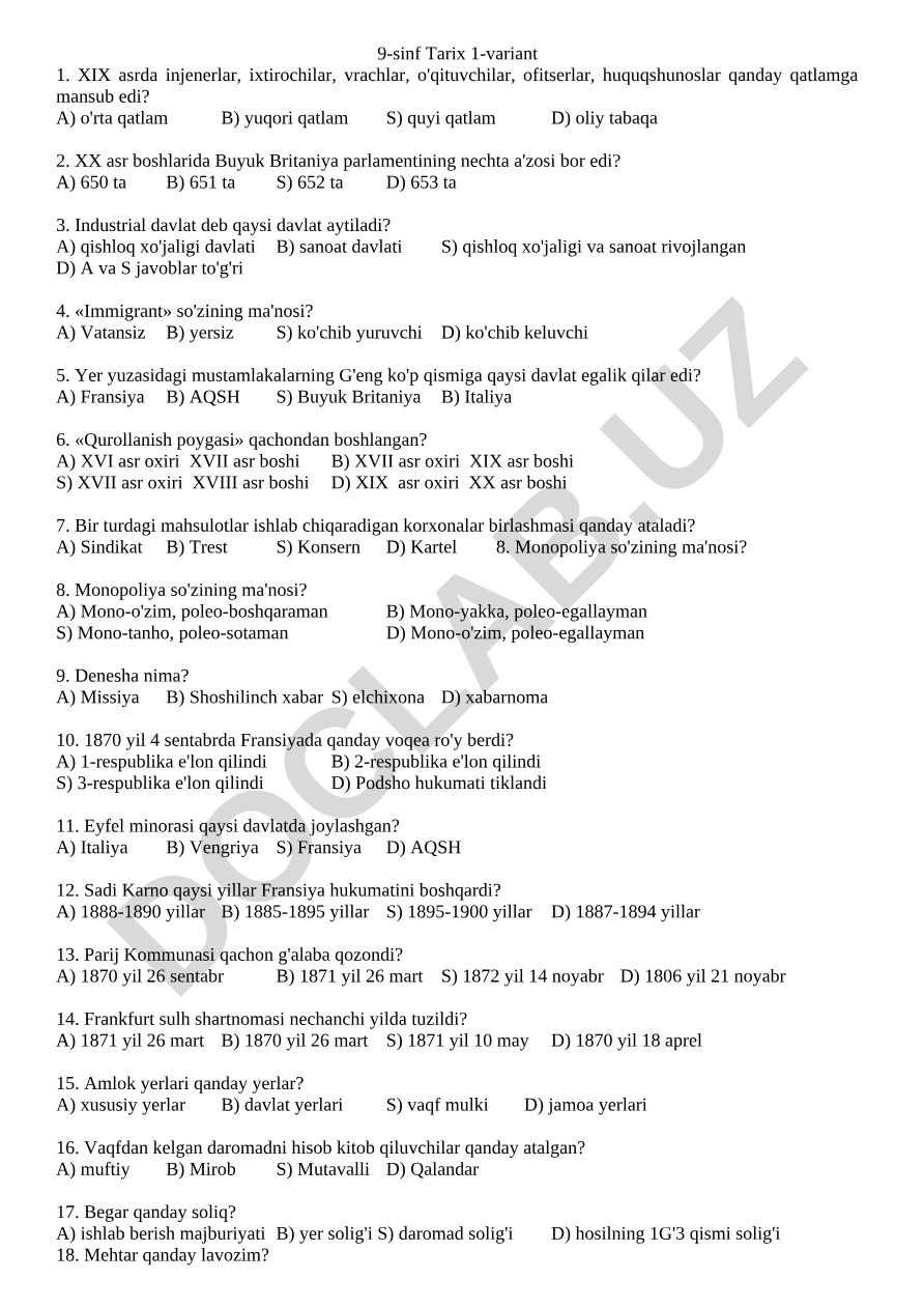 9-sinf Tarix fanidan test savollari