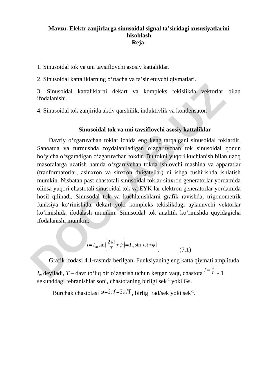 Elektr zanjirlarga sinusoidal signal ta'siridagi xususiyatlarini hisoblash