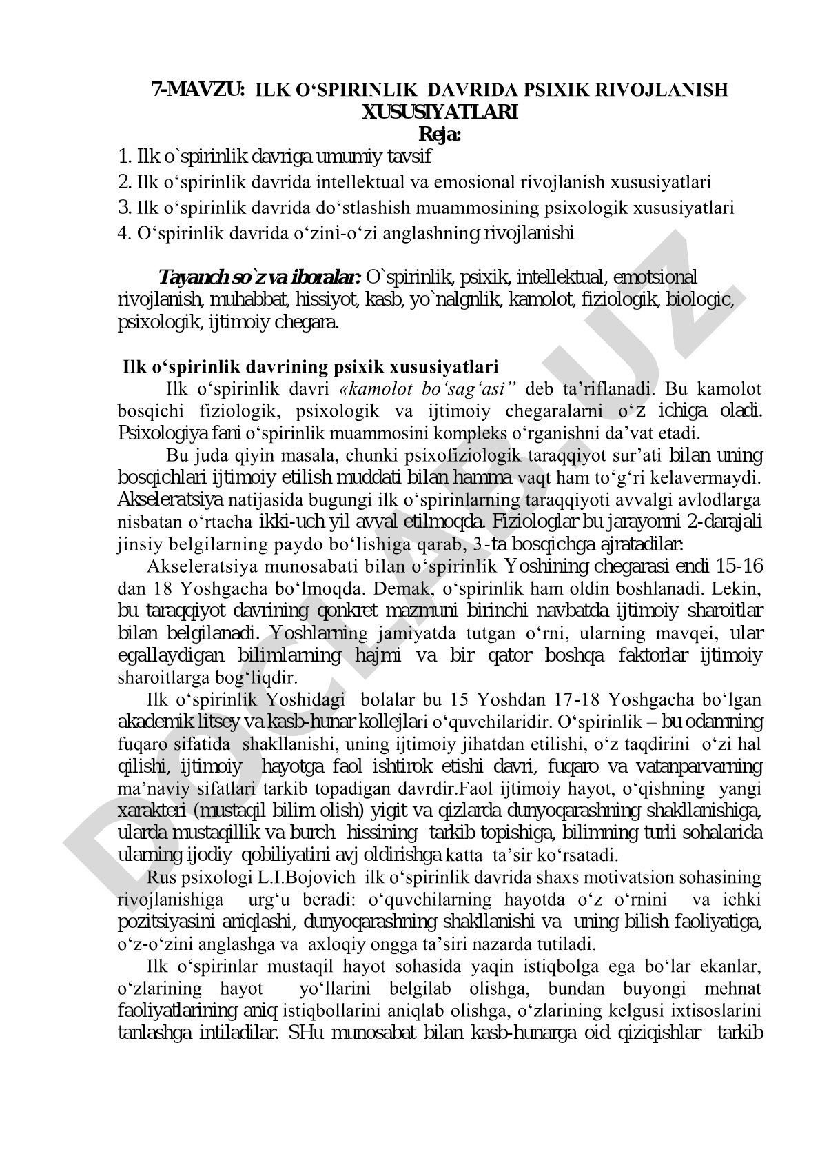 Ilk o‘spirinlik davrida psixik rivojlanish xususiyatlari