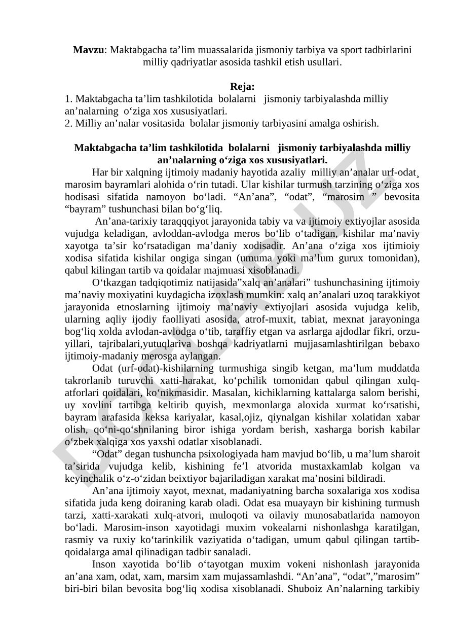 Maktabgacha ta’lim muassalarida jismoniy tarbiya va sport tadbirlarini milliy qadriyatlar asosida tashkil etish usullari