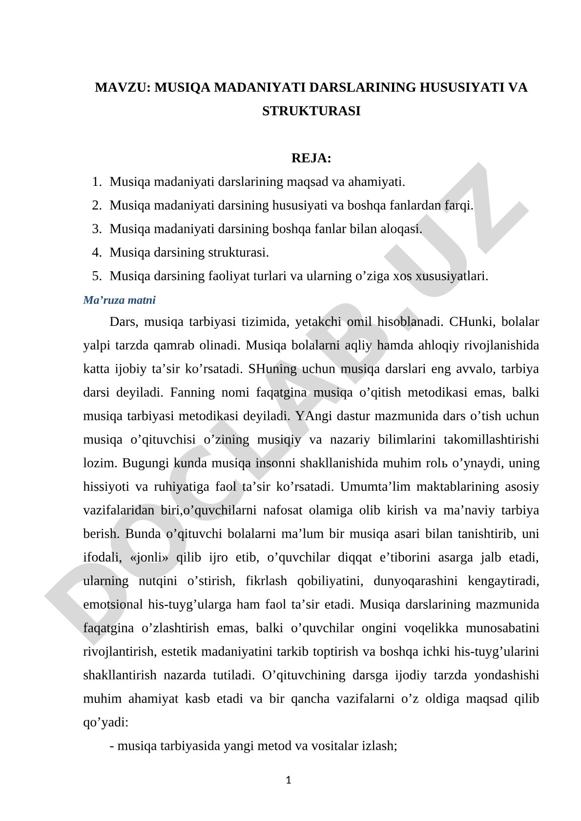 Musiqa madaniyati darslarining hususiyati va strukturasi