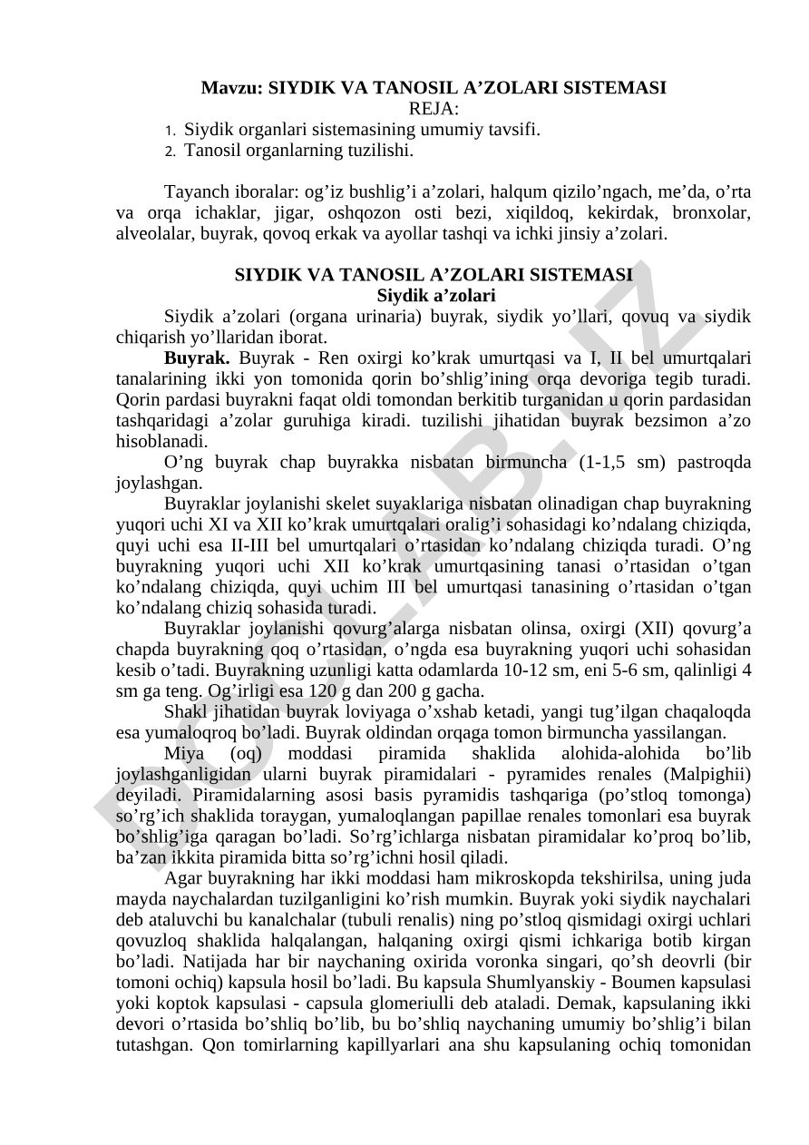 SIYDIK VA TANOSIL A’ZOLARI SISTEMASI