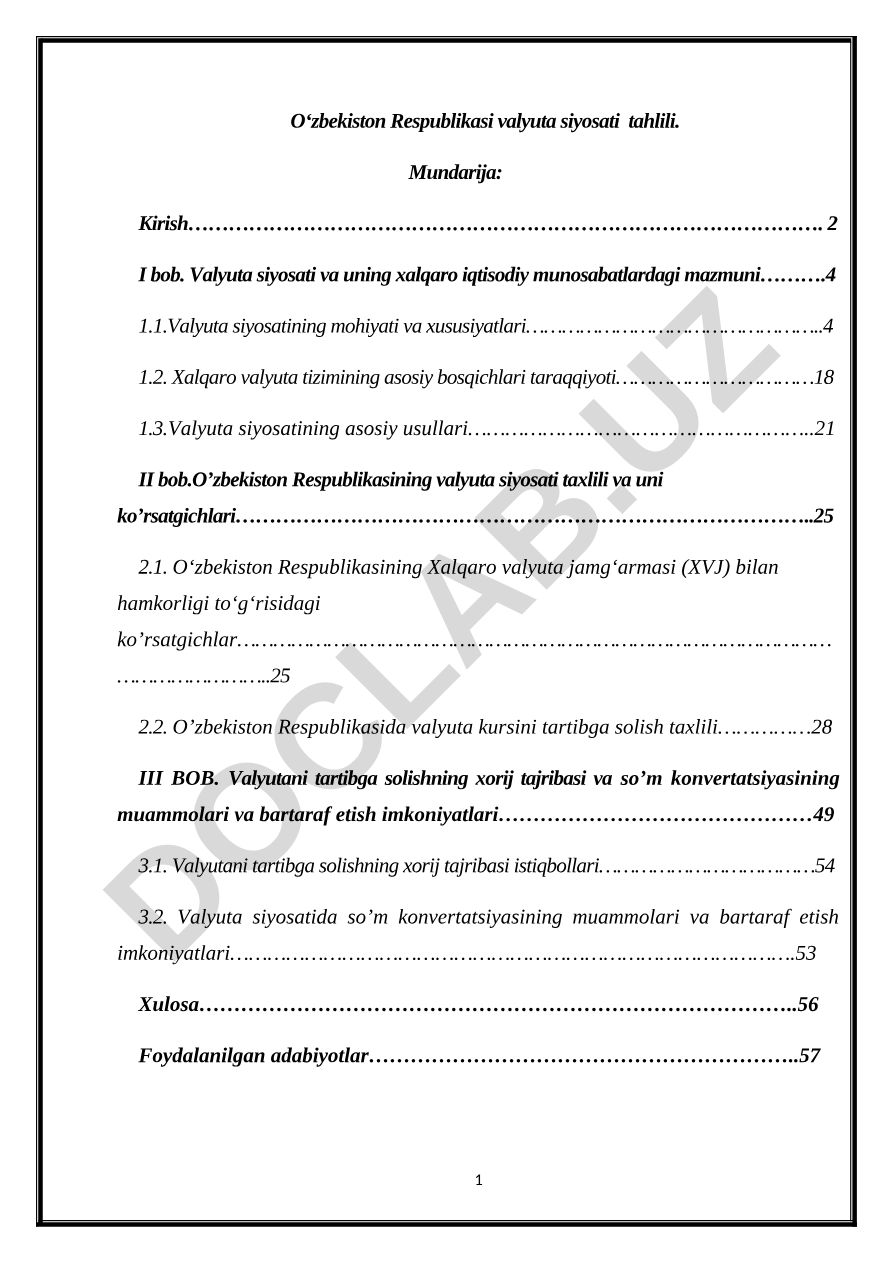 O‘zbekiston Respublikasi valyuta siyosati tahlili