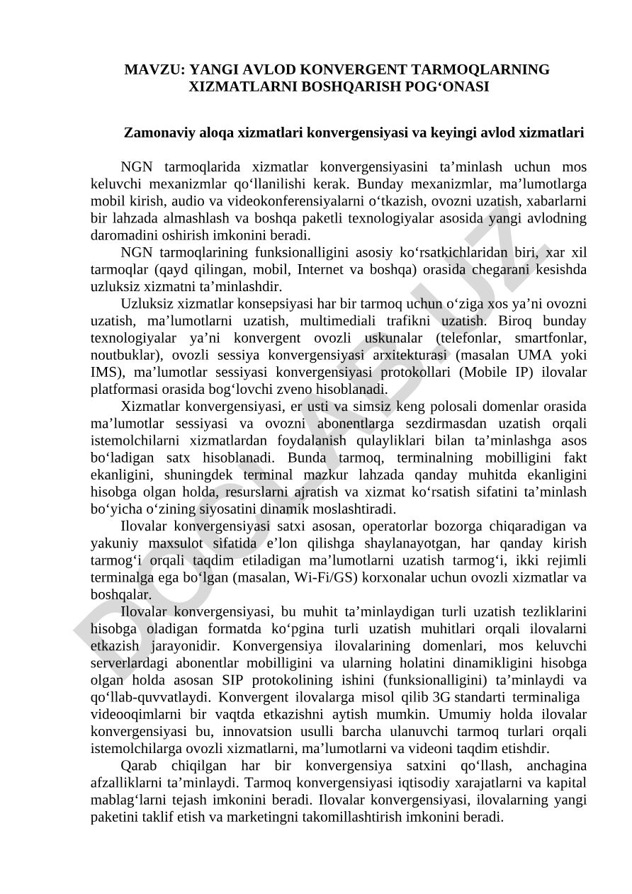 YANGI AVLOD KONVERGENT TARMOQLARNING XIZMATLARNI BOSHQARISH POG‘ONASI