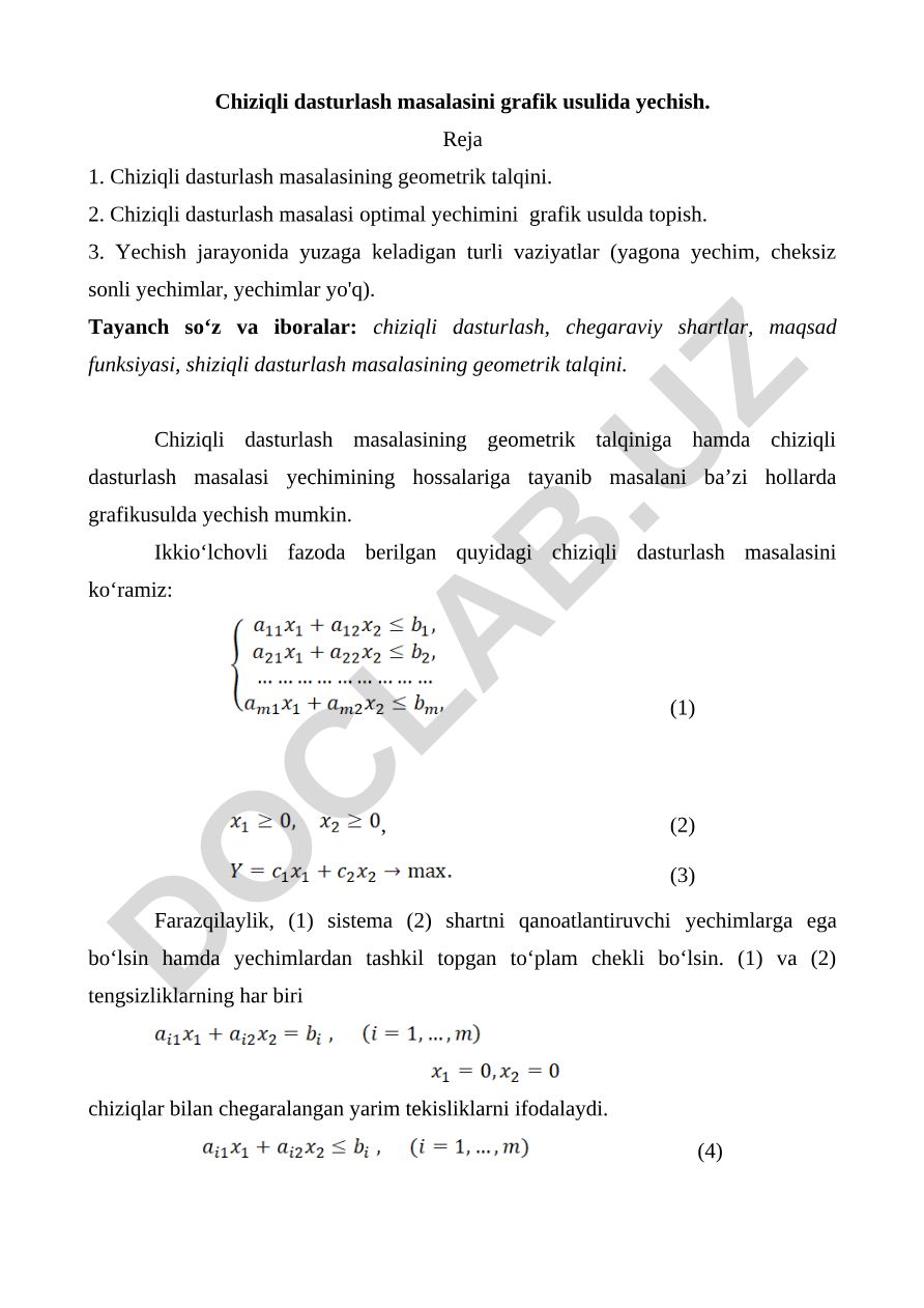 Chiziqli dasturlash masalasini grafik usulida yechish