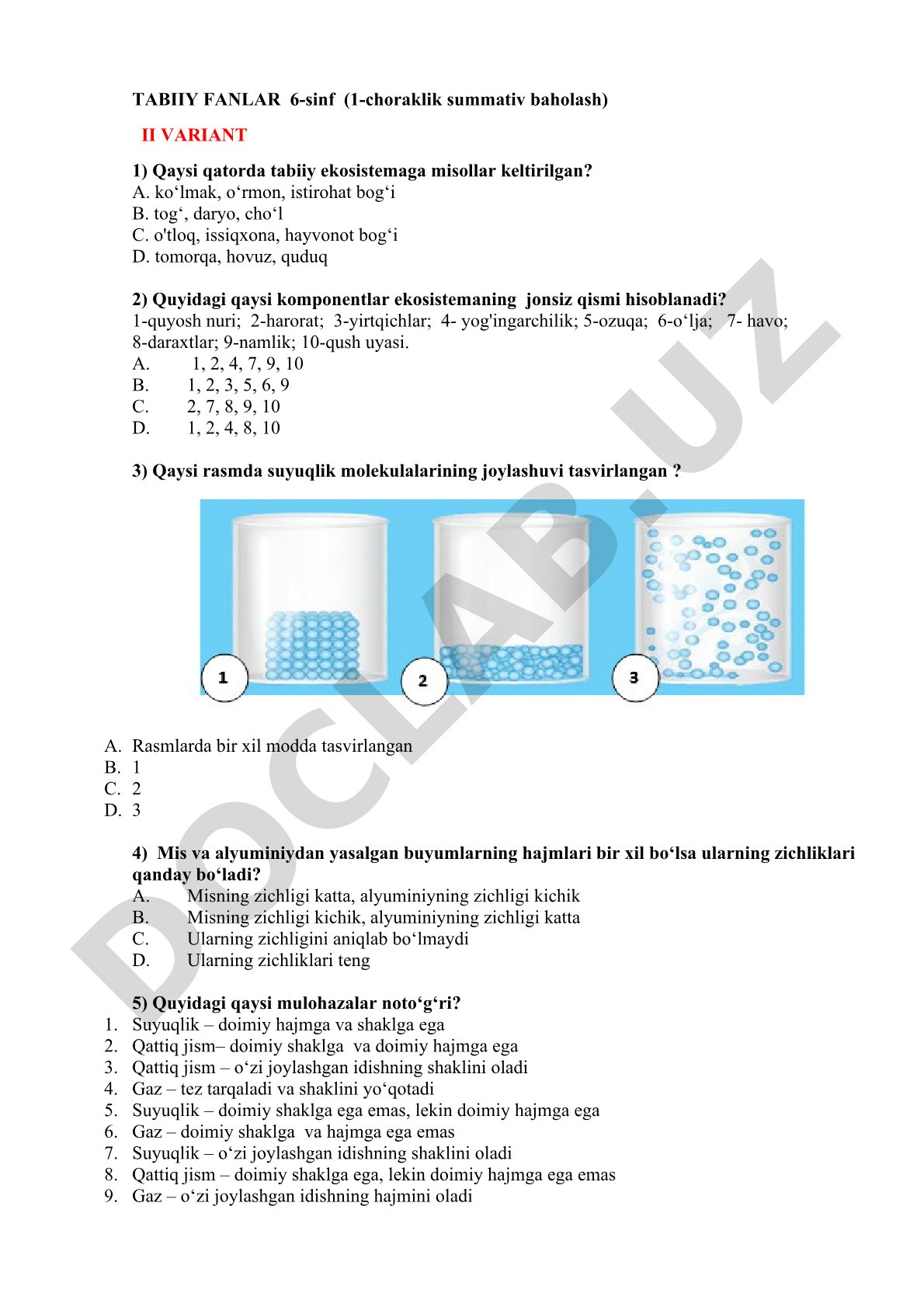 Tabiiy fanlar 6-sinf 1-choraklik summativ baholash II variant