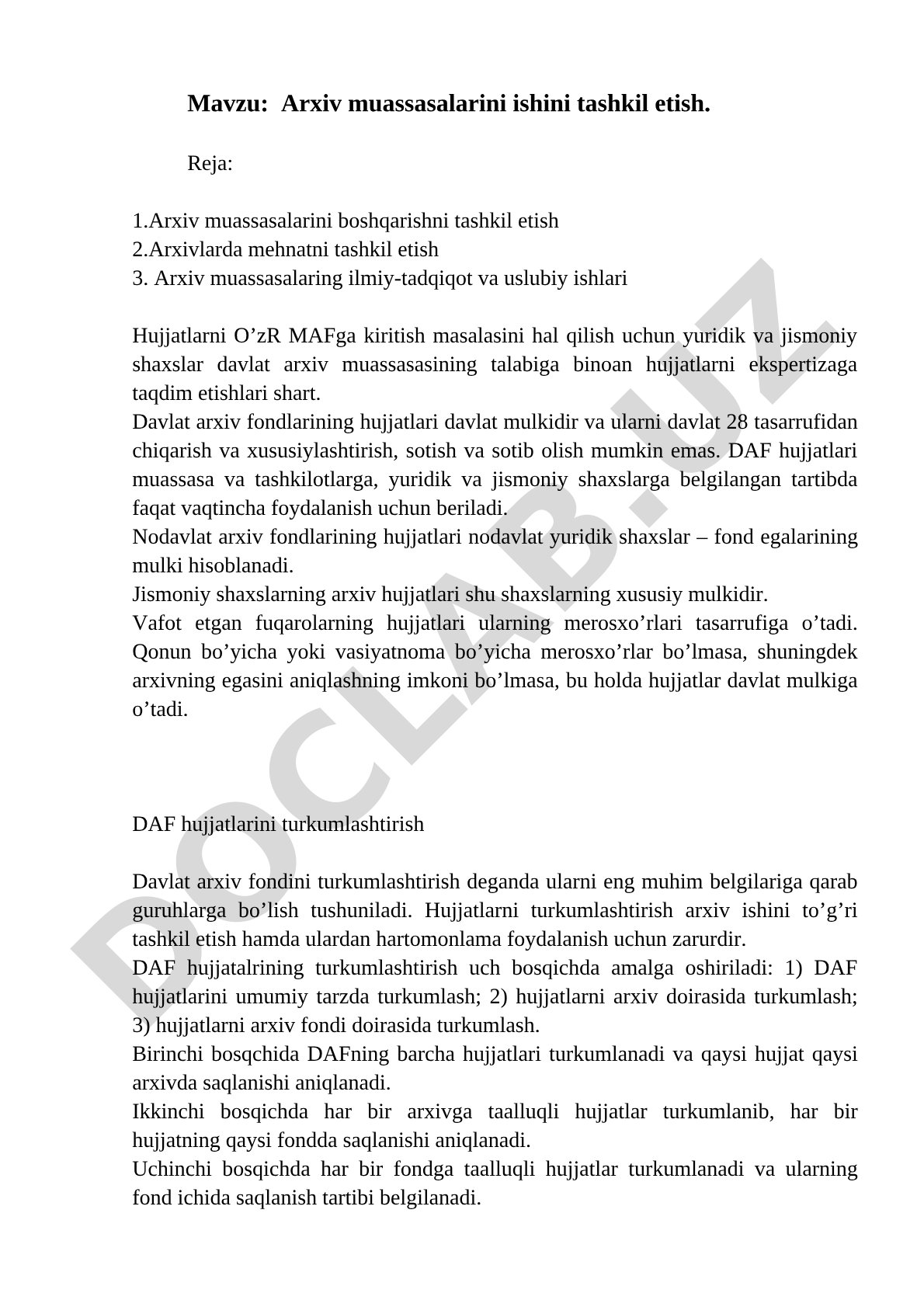 Arxiv muassasalari ishini tashkil etish rejasi