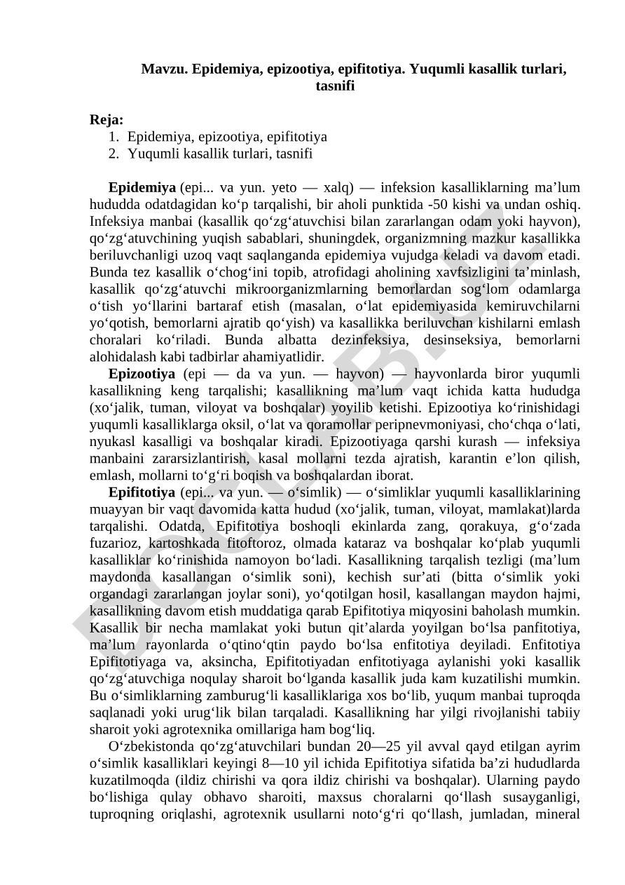 Epidemiya, epizootiya, epifitotiya. Yuqumli kasallik turlari, tasnifi