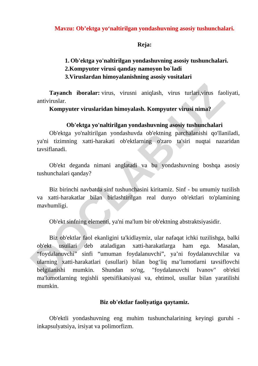 Ob’ektga yo‘naltirilgan yondashuvning asosiy tushunchalari