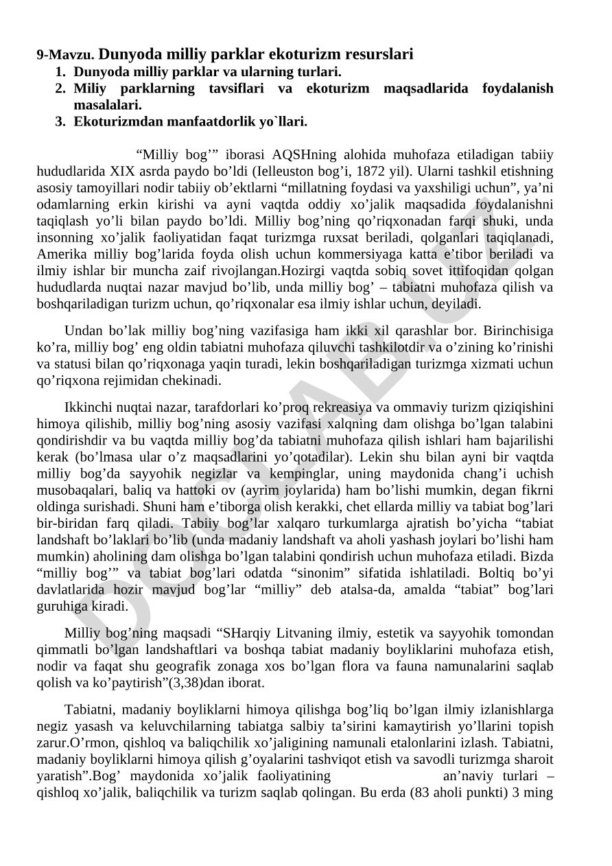 Dunyoda milliy parklar ekoturizm resurslari