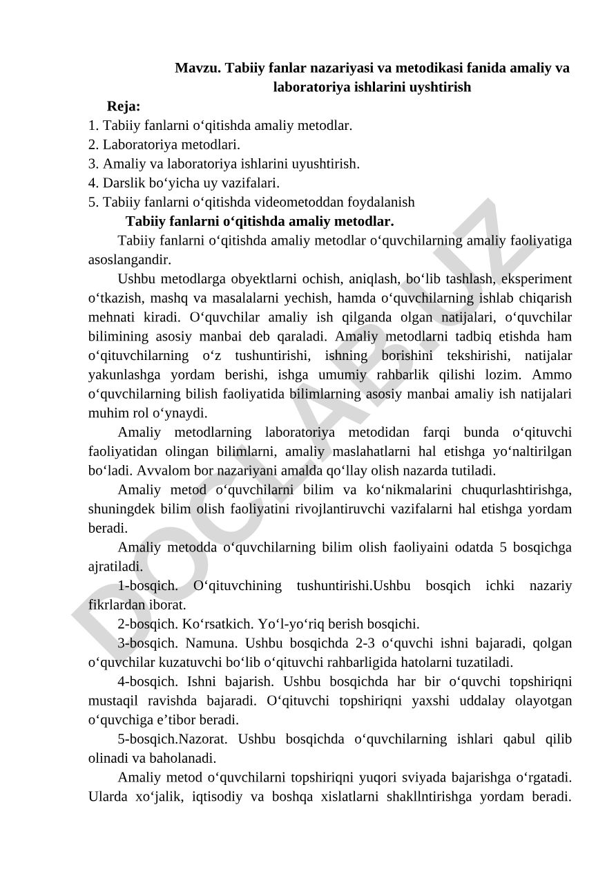 Tabiiy fanlar nazariyasi va metodikasi fanida amaliy va laboratoriya ishlarini uyushtirish